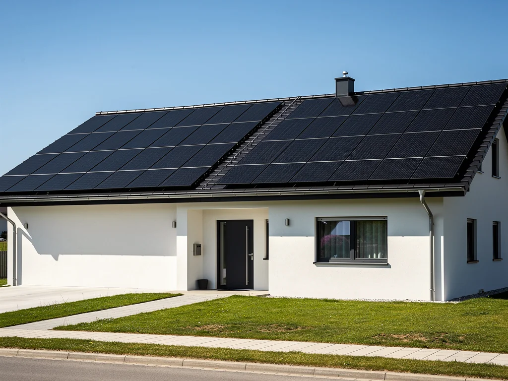 Modules photovoltaïques noirs alignés sur le toit d'un pavillon récent