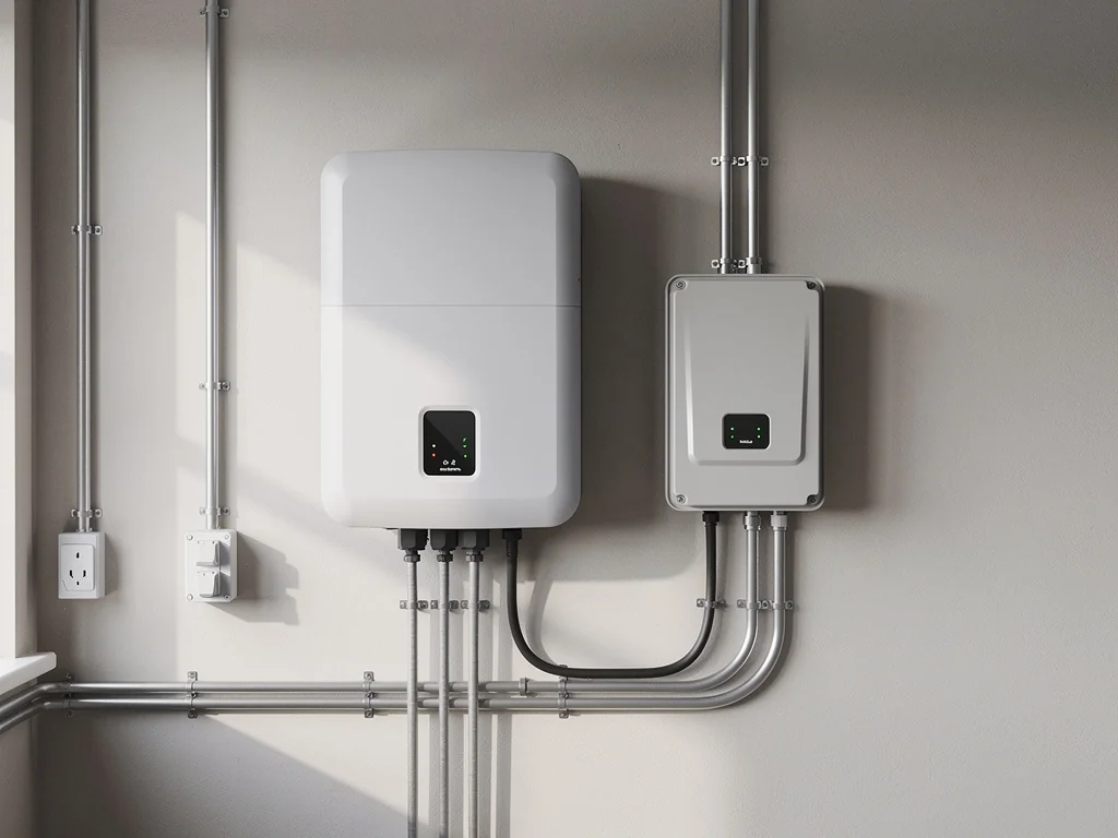 Onduleur solaire et coffret de raccordement fixés dans un garage