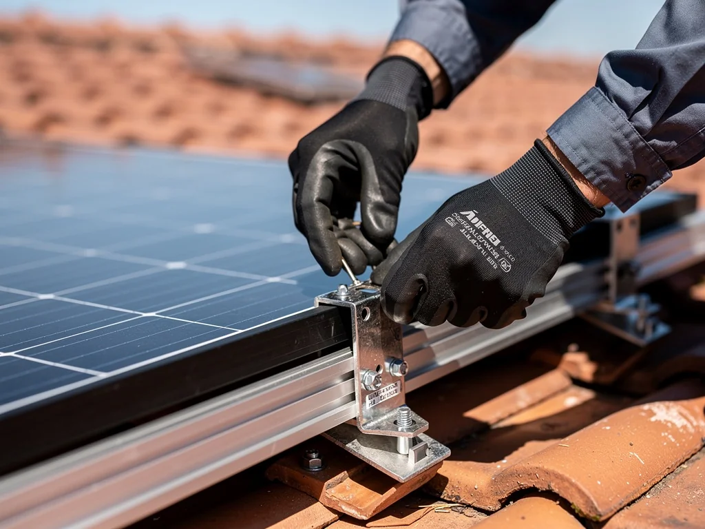 Installateur RGE fixant un panneau solaire sur des rails de toiture